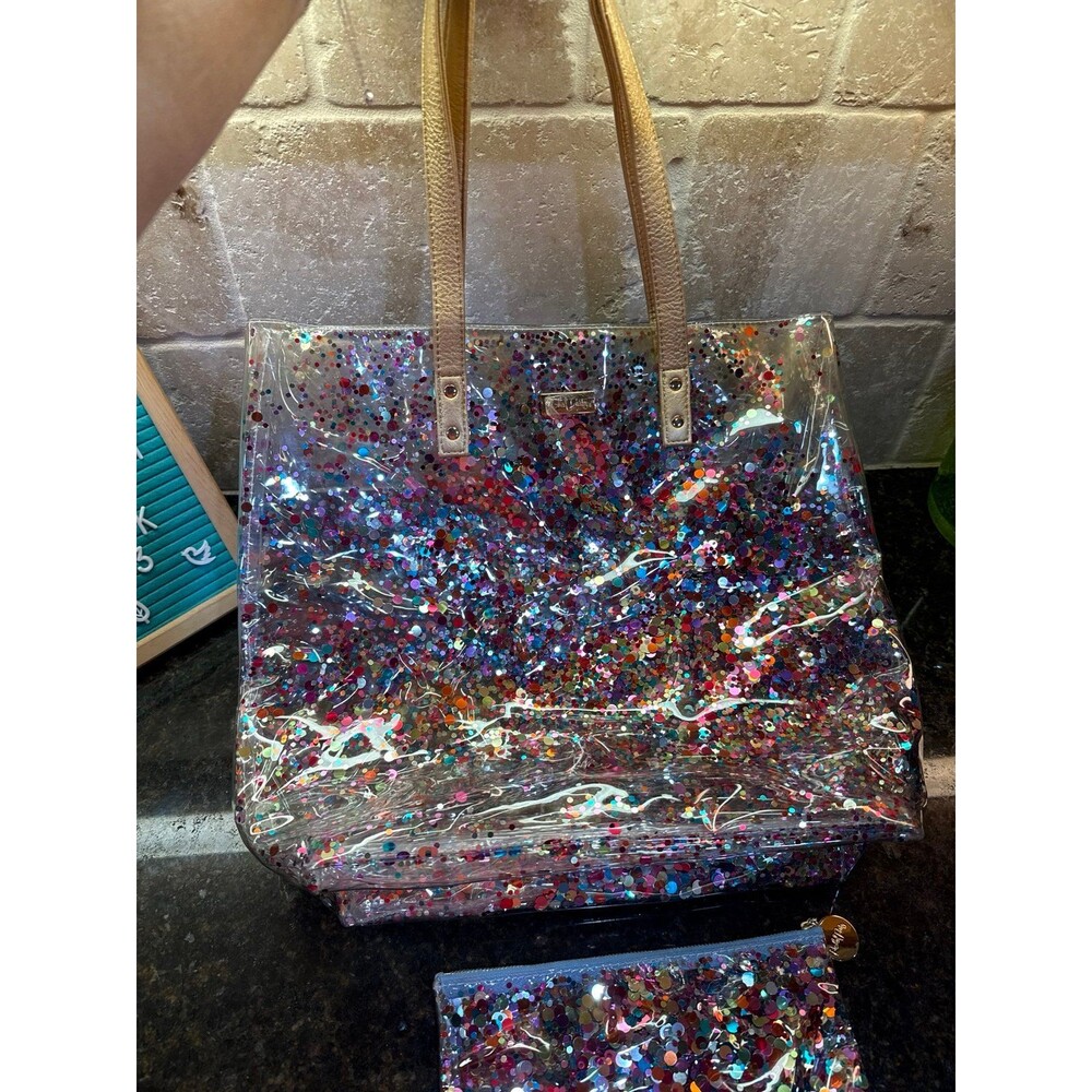 Packed Party Confetti Clear Vinyl Tote Bag w/ Matching Pouch Multicolor EUC